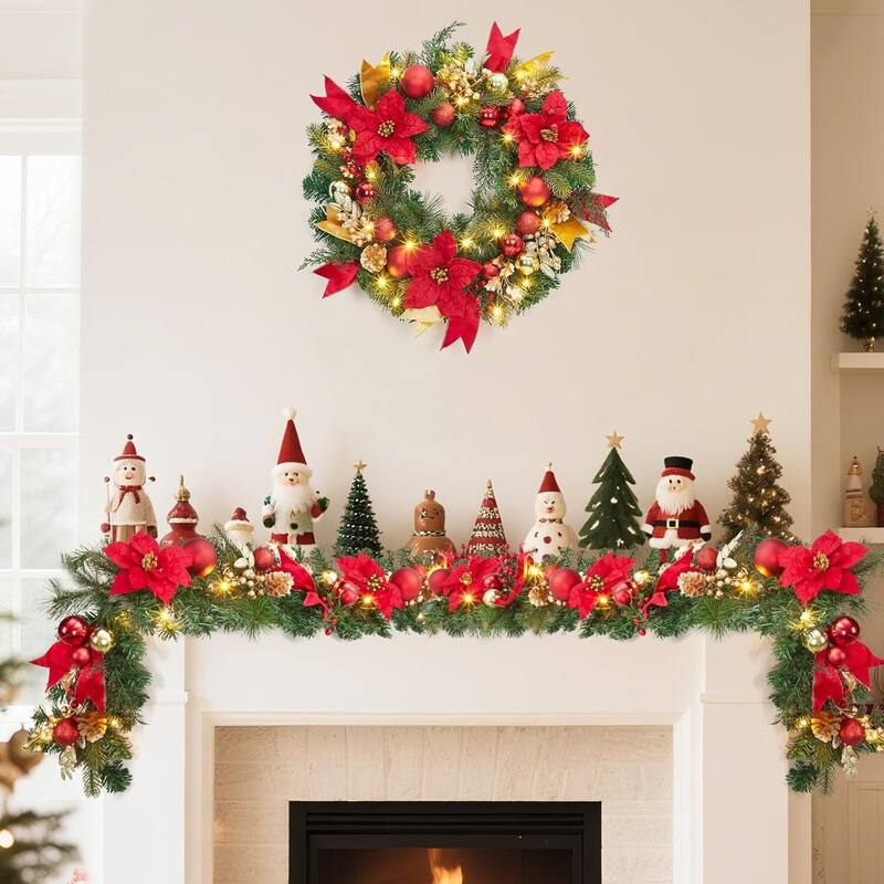 24 Inch PVC Christmas Wreath, Red and Golden Ornament Wreath for Front Door, Fireplace and Table - N/A