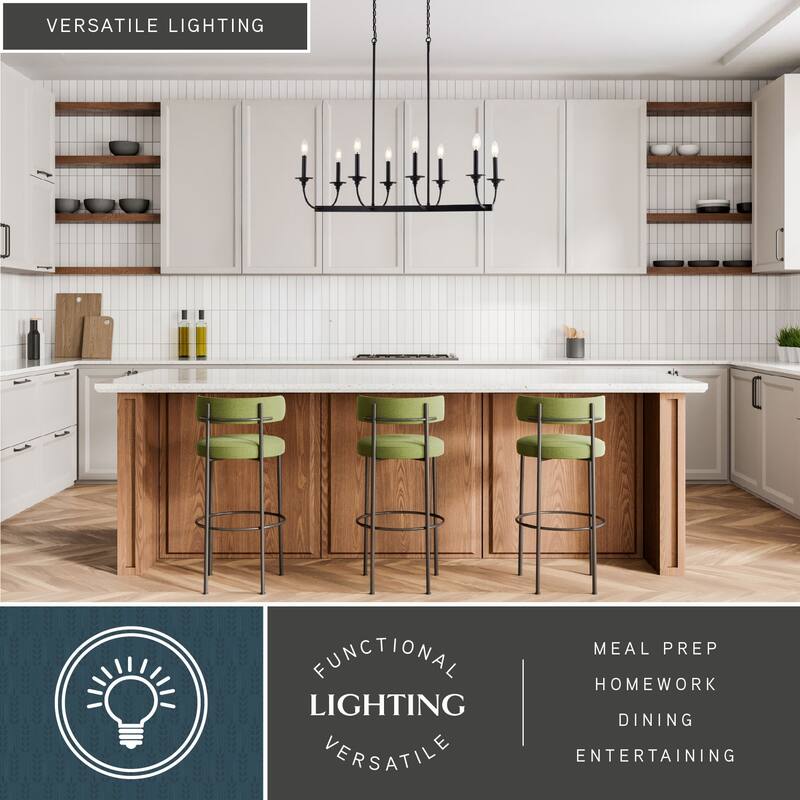 Durham 8-Light Black Kitchen Island Pendant Fixture, LED Compatible, Adj Height Linear Chandelier, Dining Entryway Foyer