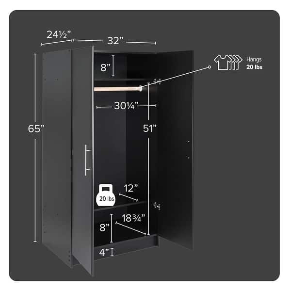 dimension image slide 3 of 4, Bedroom Armoire Wardrobe Cabinet with Hanging Rail - 65'' H X 32'' W X 24.5'' D