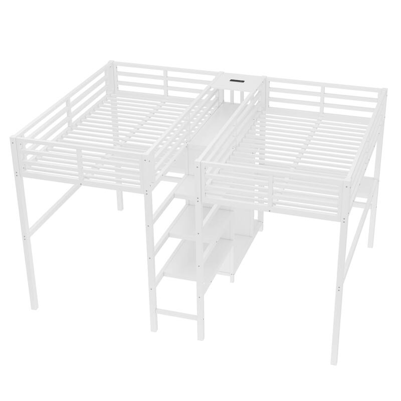 Twin Over Twin Metal Loft Bed with Double Desk, Wardrobe & Shelves