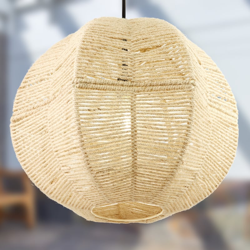 River of Goods Black and Ivory Jute and Metal 19-Inch Globe Pendant Light with Adjustable Hanging Cord - 19" x 19" x 73"