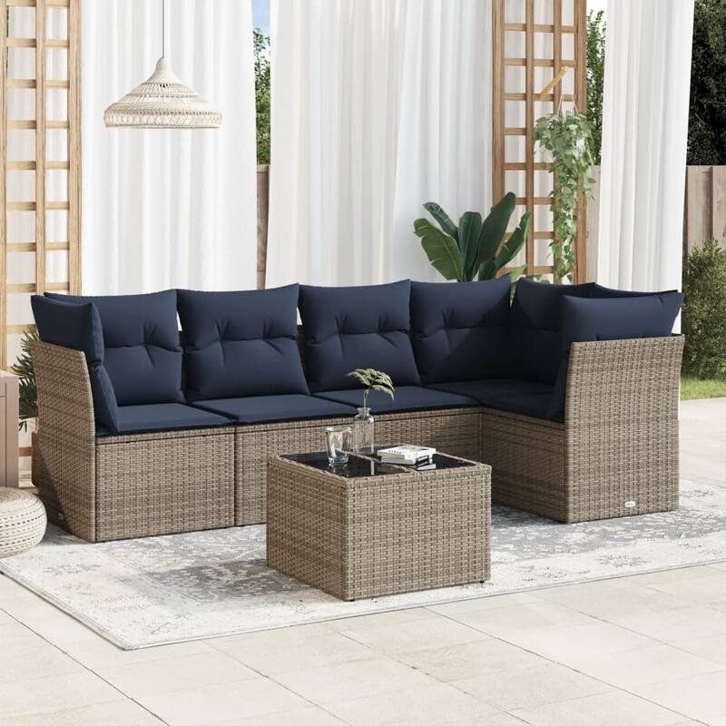 vidaXL 5/6 Piece Patio Sofa Set with Cushions Brown/Gray Poly Rattan - 24.4 x 24.4 x 27.2 - Beige and gray With table