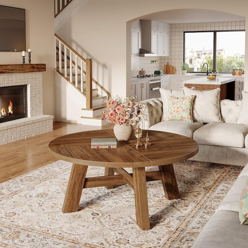 39" Round Coffee Table, Mid Century Modern Circle Center Tables for Living Room - 39.37" L × 39.37" W × 17.7" H