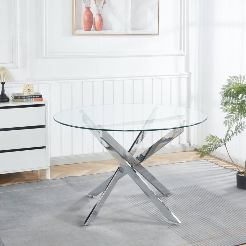 47.24"L Round Dining Table with Cross Metal Leg and Glass Top