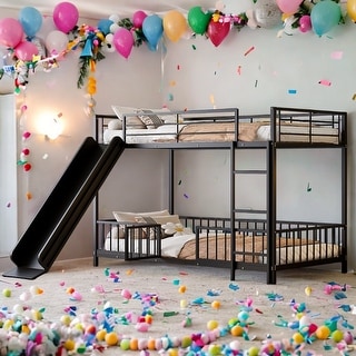 Kids Metal Bunk Bed with Slide and Guardrails