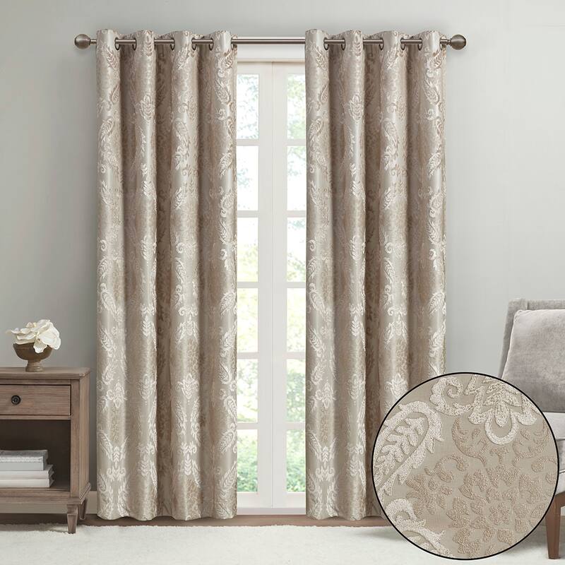 Knitted Jacquard Paisley Total Blackout Grommet Top Curtain Panel(Only 1 Pc Panel)