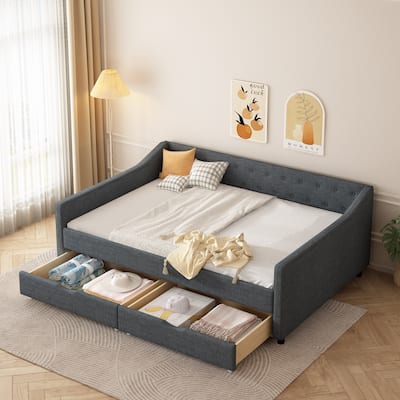 Full Size Daybed With Drawers Upholstered Tufted Sofa Bed, With Button On Back And Piping On Waved Shape Arms