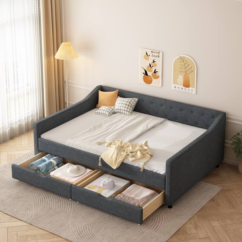 Linen Upholstered Daybed with 2 Drawers, Wooden Platform Sofa Bed Frame with Button Tufted Backrest, No Box Spring Needed