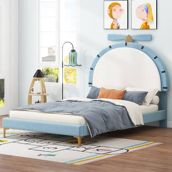 slide 2 of 13, Upholstered Platform Bed with Alarm Clock Shaped Velvet Headboard, Cute Bed Frame with Wooden Slats Support for Kids Blue - Twin