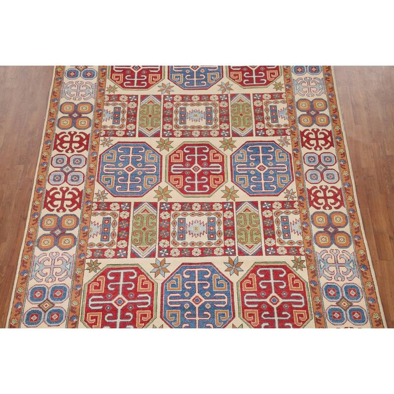 Hand Knotted Oriental 100% Wool Carpet Traditional All-Over Beige & Ivories Kazak Area Rug - 9' 11'' X 6' 8''