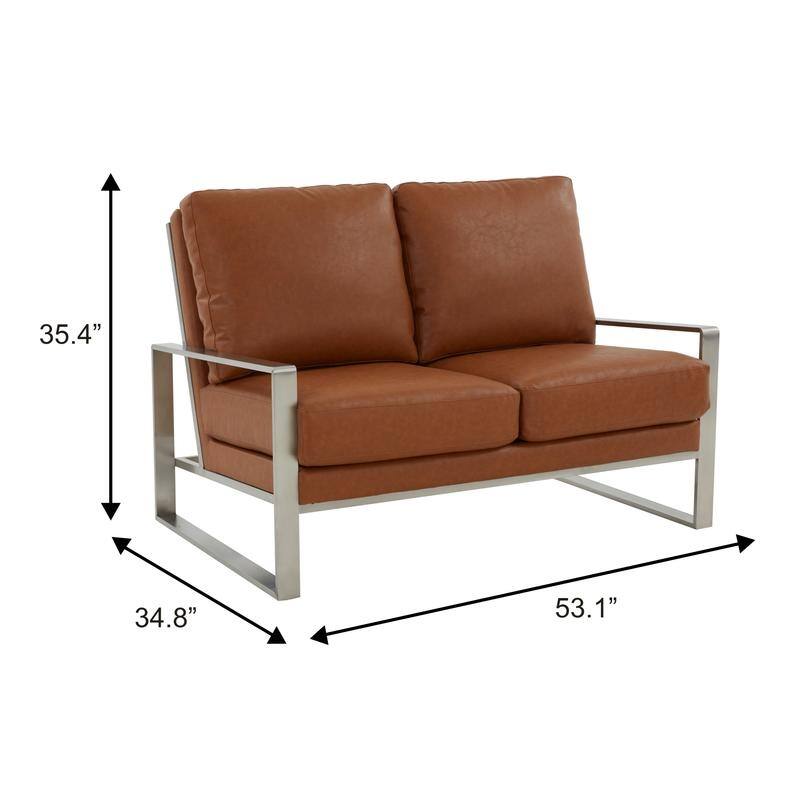Jefferson Modern Leather Loveseat with Brushed Silver Stainless Steel Base, Removable Cushions, Sinuous Springs, Fully Assembled