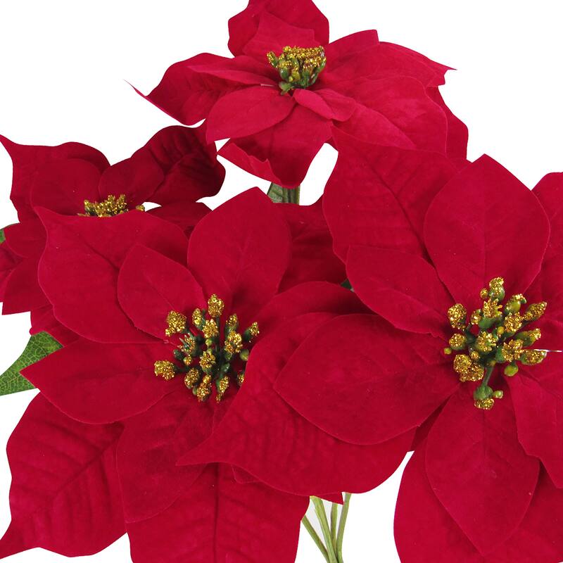 Set of 2 Artificial Poinsettia Red Velvet Gold Glitter Christmas Flower Stems Bush Bouquet 16in - 16" L x 13" W x 13" DP