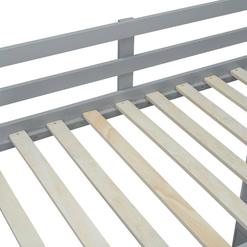 Wooden Loft Bed with Multi-Storage Desk, LED Light & Large Shelves