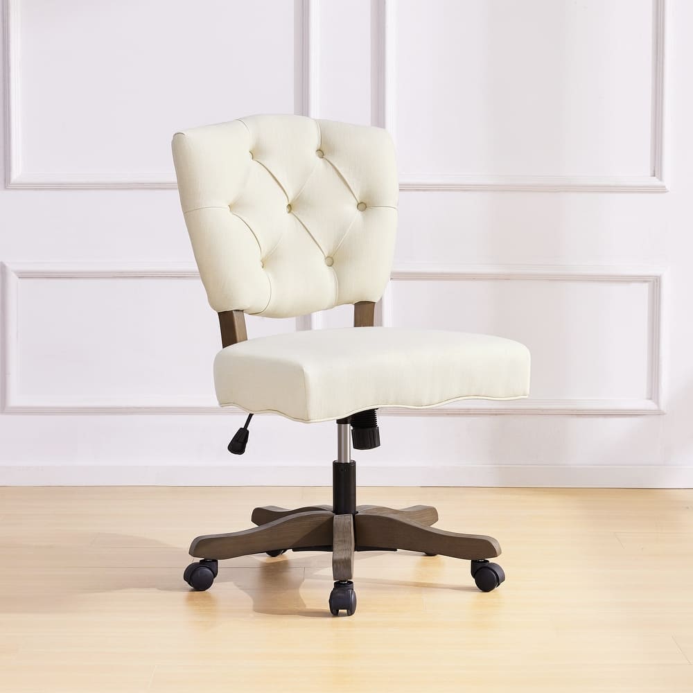 Home Computer Office Chair with Wheels Beige/ Cream/ Grey Adjustable Height, Linen Fabric Upholstered Chair Swivel