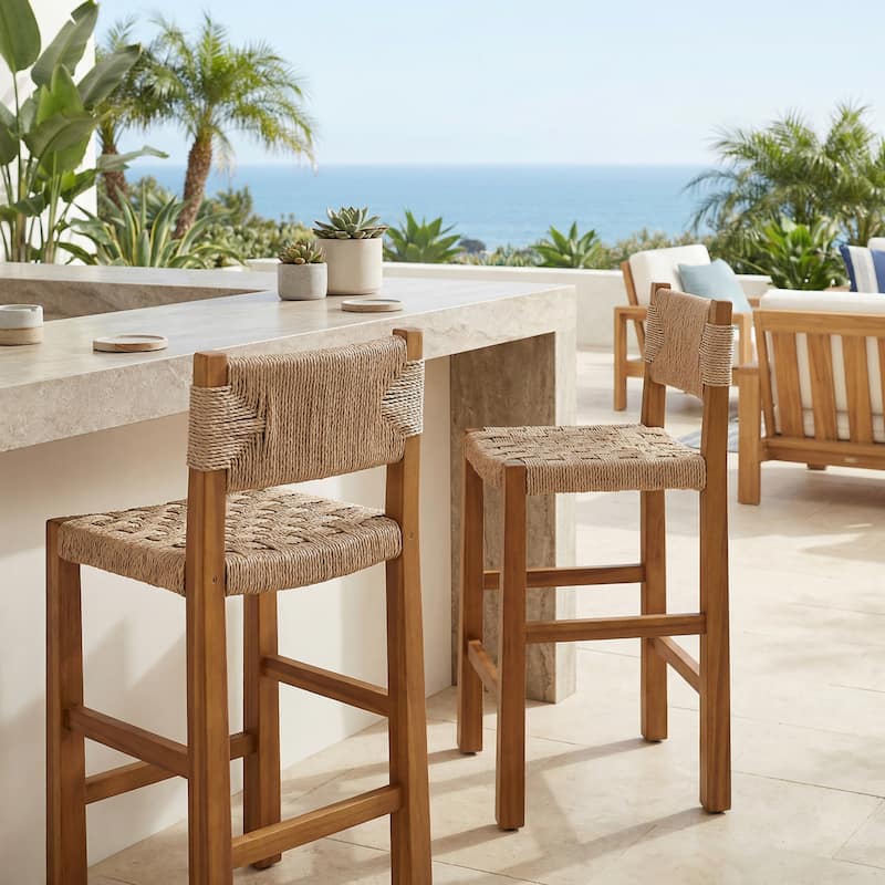 Christopher Knight Home - Modern Acacia Wood Outdoor Bar Stools with Teak Finish and Wicker Back Patio Chairs - Setof2_Tight Weave Back_Brown