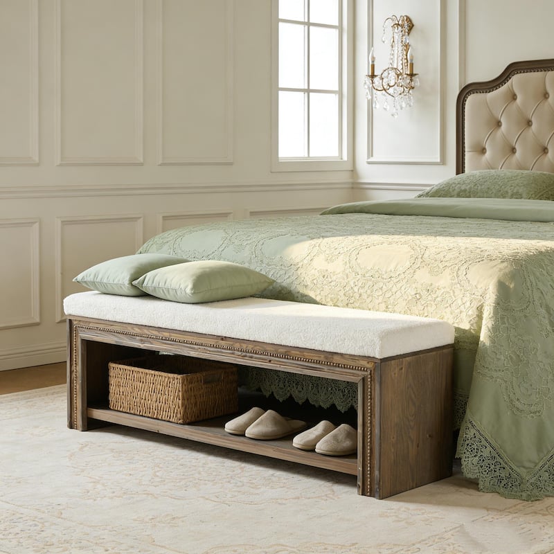 55.12" Wooden Upholstered Bed Bench with Storage, Rustic Wood End Of Bed Bench with Teddy Fleece Cushion for Bedroom