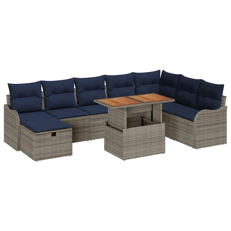 vidaXL 9 Garden Sofa Set with Cushions Black/Grey Poly Rattan - 113.2 x 73 x 27.2
