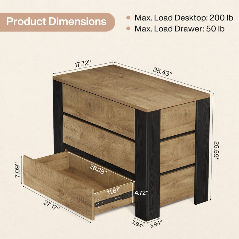 Nightstand with 3 Drawers for Bedroom