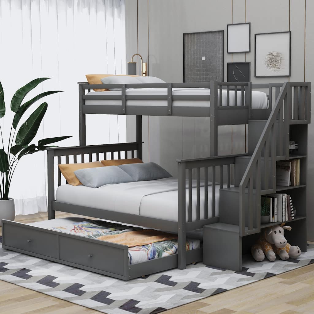 Twin-Over-Full Bunk Bed with Trundle, Storage, and Guard Rail for Bedroom or Dorm