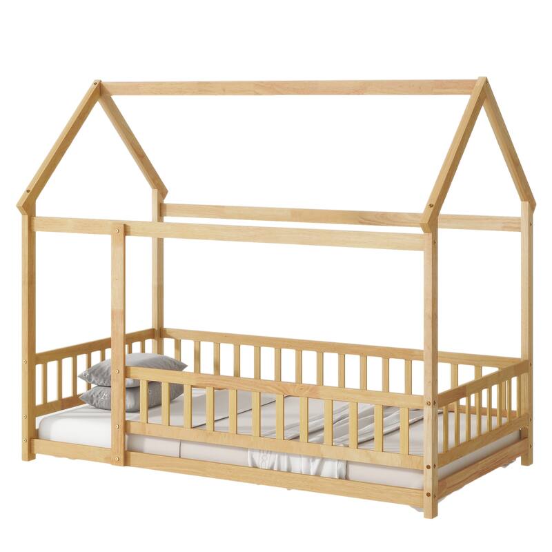Twin Size Natural Wooden House Floor Bed with Roof Frame and Safety Guardrails