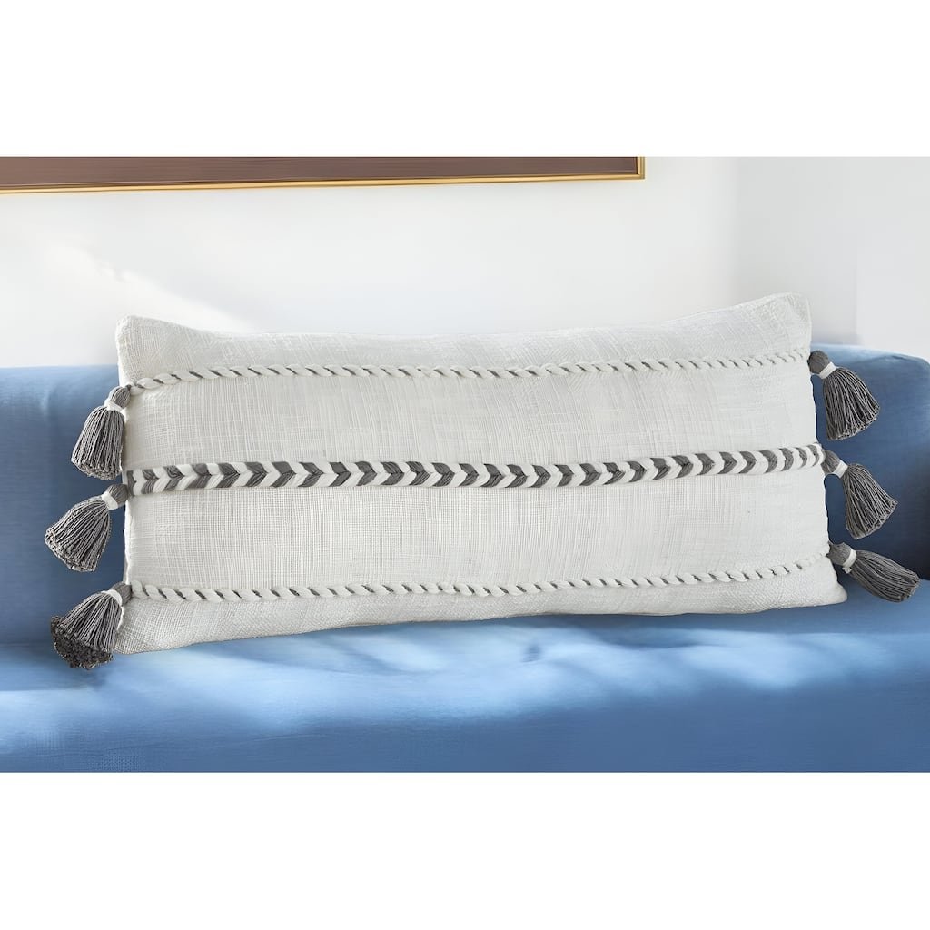 12" X 30" Gray and White Striped Cotton Throw Pillow With Tassels