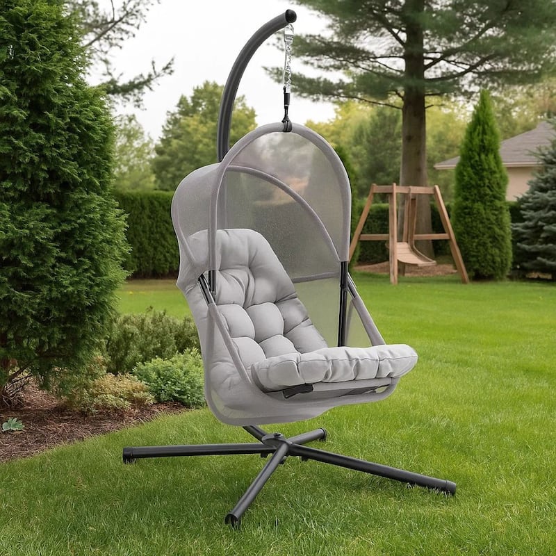Bery Outdoor Swing Chair with Foldable Stand, Light Gray Cushion