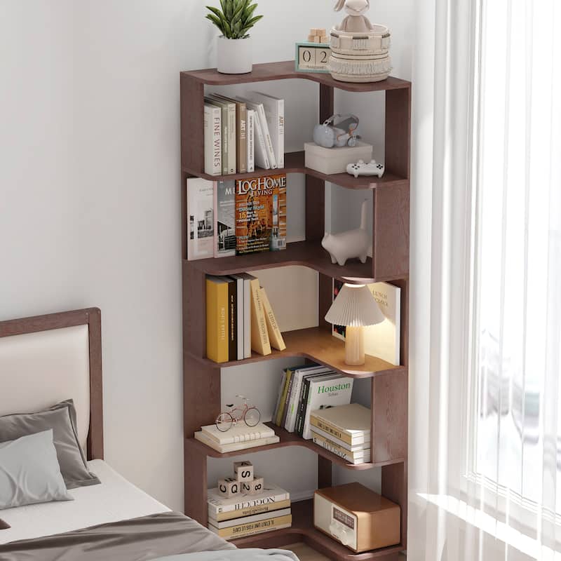 6 Tier Freestanding L-Shaped Corner Bookshelf For Living Room, Bedroom, Wooden Bookcase with anti tipping device