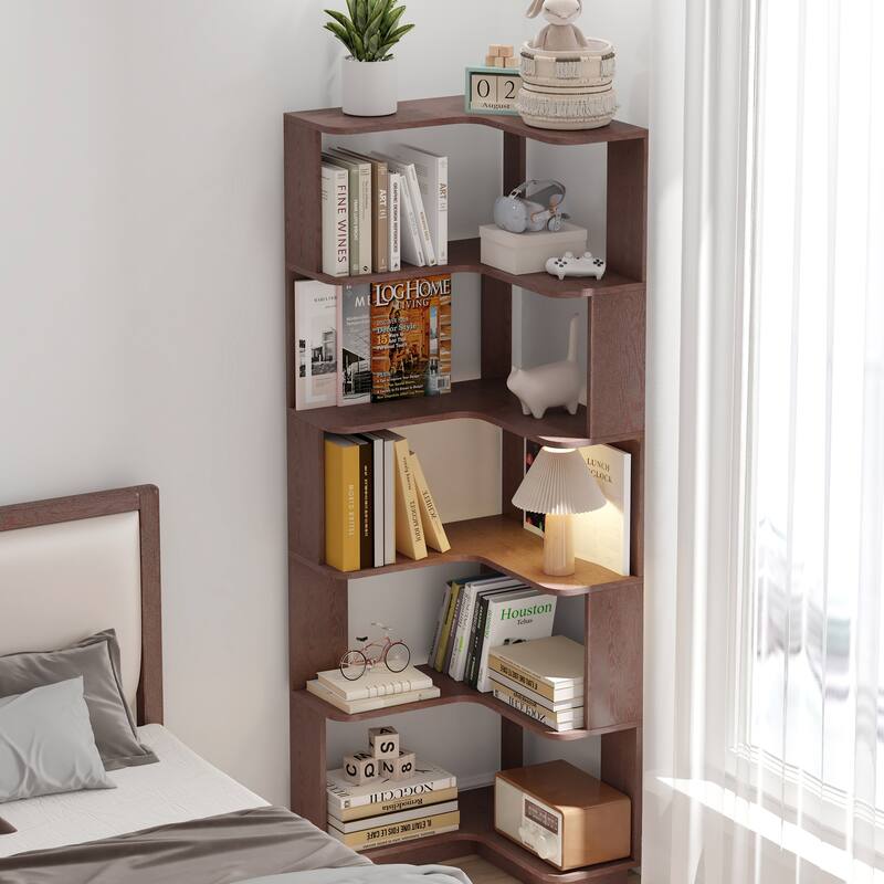 GDFStudio - Elysande Wood Corner Bookcase with 6-Tier Anti-Fall Design