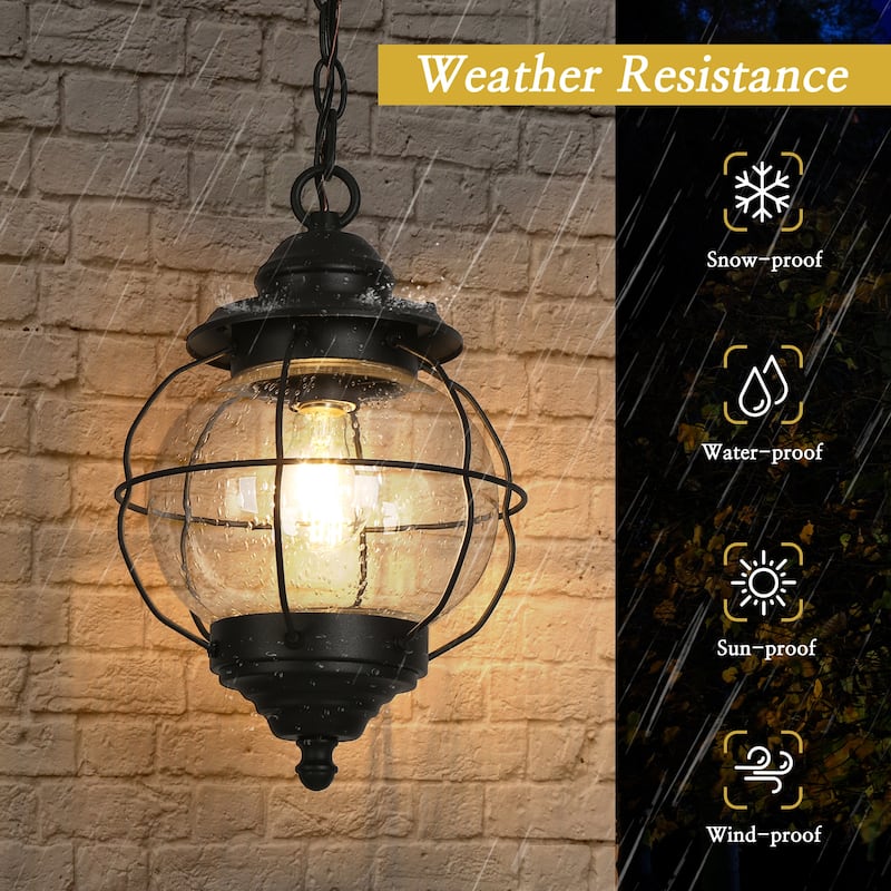 Modern Farmhouse Black 1-Light Outdoor Pendant Light Glass Patio Lantern Lamp - D10" X H12"