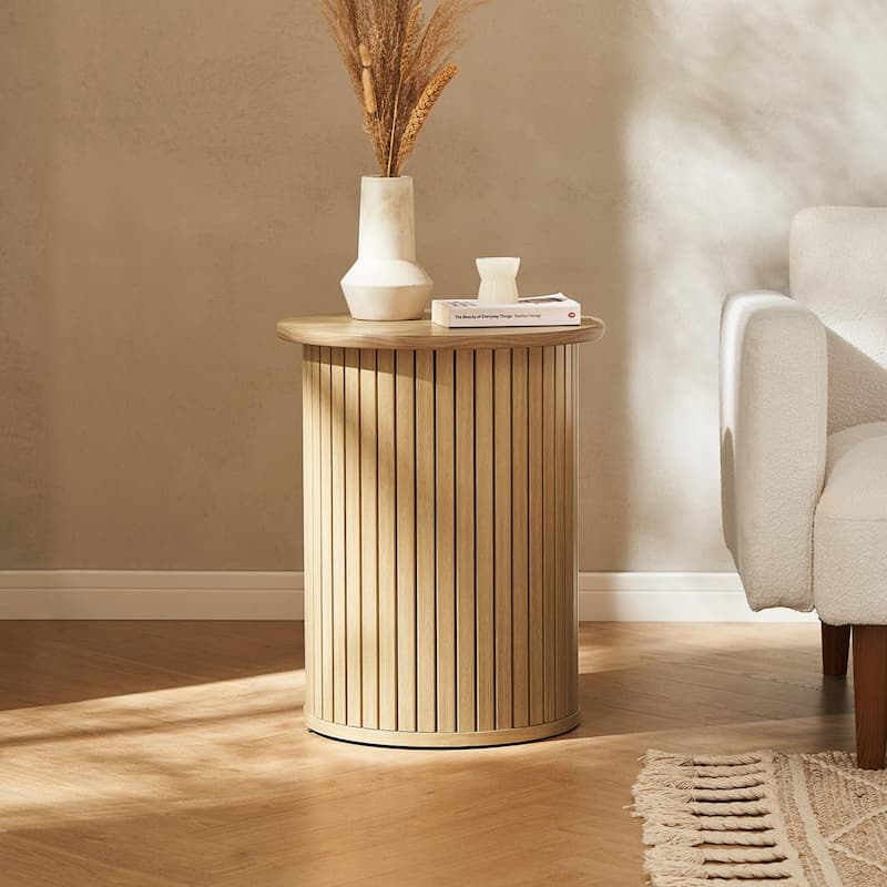 mopio Quin Pedestal Side Table, Tambour Round Fluted End Table - Oak