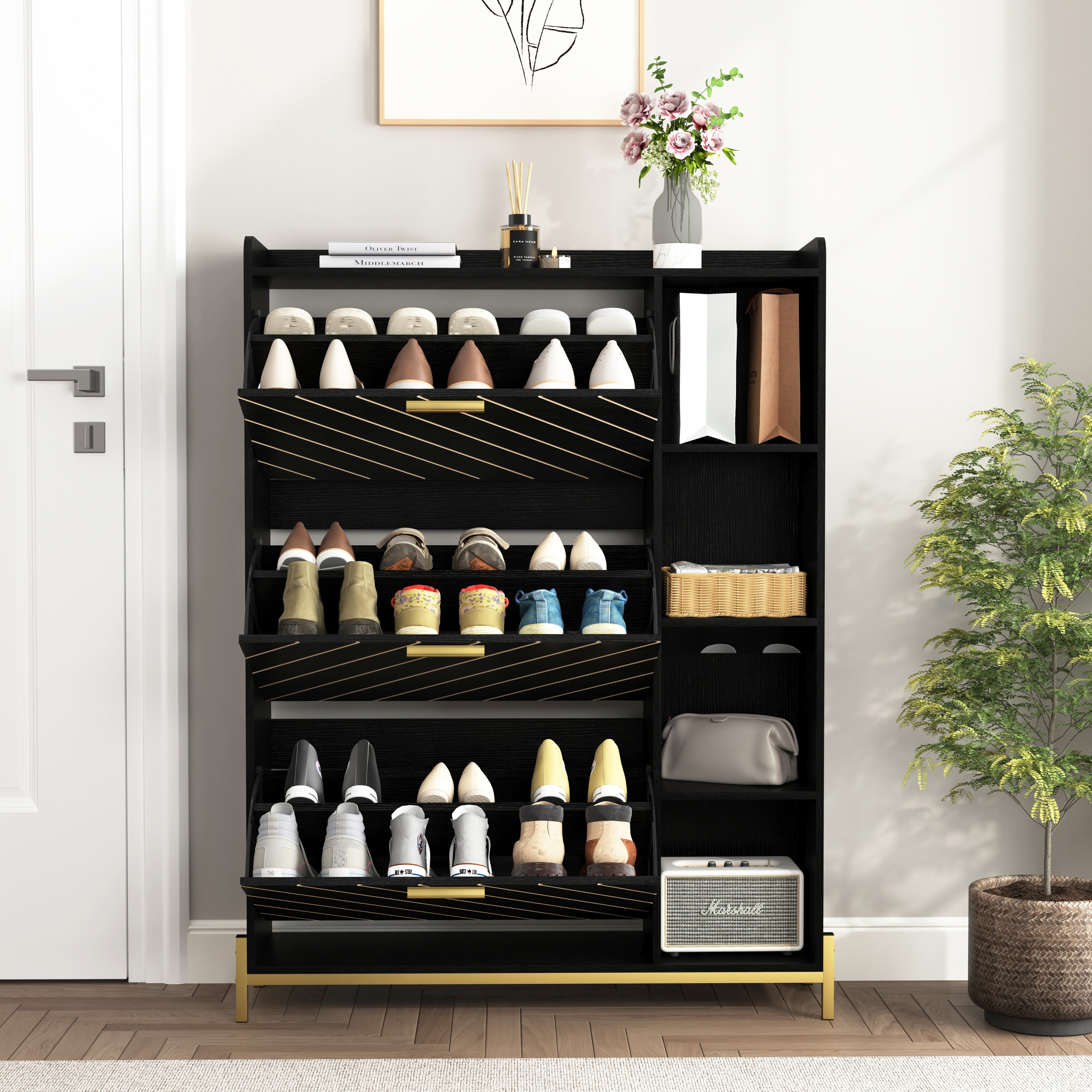 Shoe Cabinet with 3 Flip Drawers Open Shelves Modern Entryway Shoe Storage Cabinet Slim Narrow Hidden Shoe Rack White