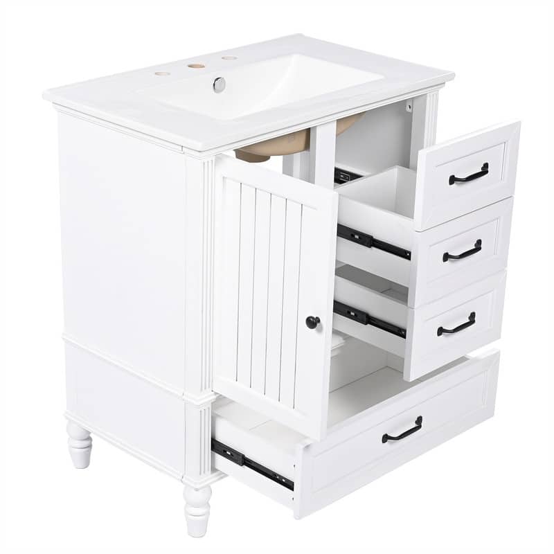 30" Bathroom Vanity with Ceramic Sink Top, Modern Bathroom Storage Cabinet with 1 Door, 3 Drawers and Solid Wood Legs