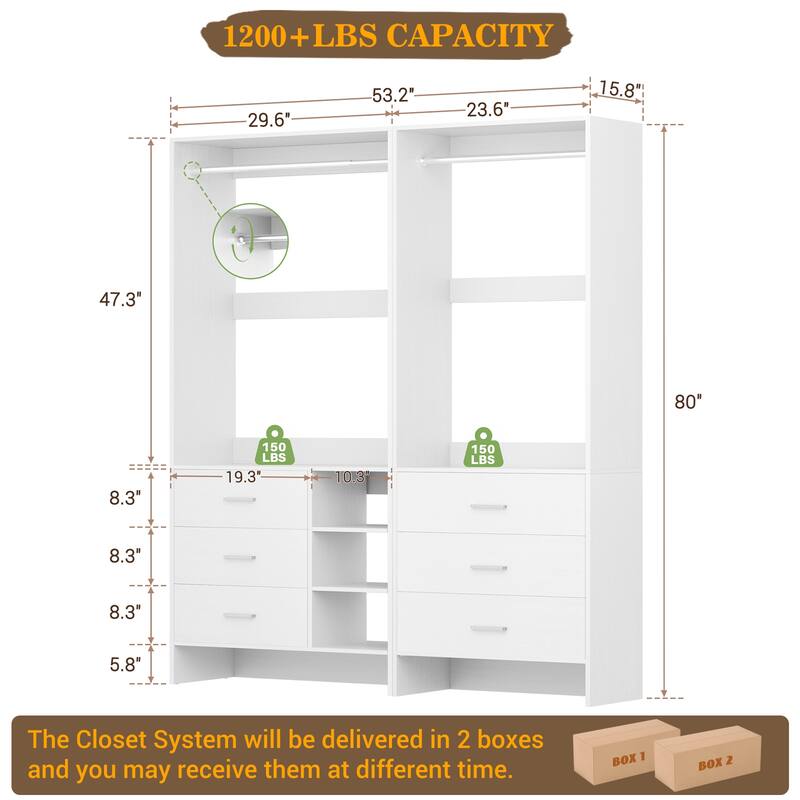 Cimly Set of 2 Closet Organizer with Drawers, Closet System with Hanging Rods and Storage Shelves