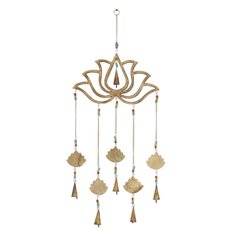 Mango Wood Floral Handmade Lotus Indoor Outdoor Windchime with Glass Beads and Cone Bells - Brown - Roche River Decor