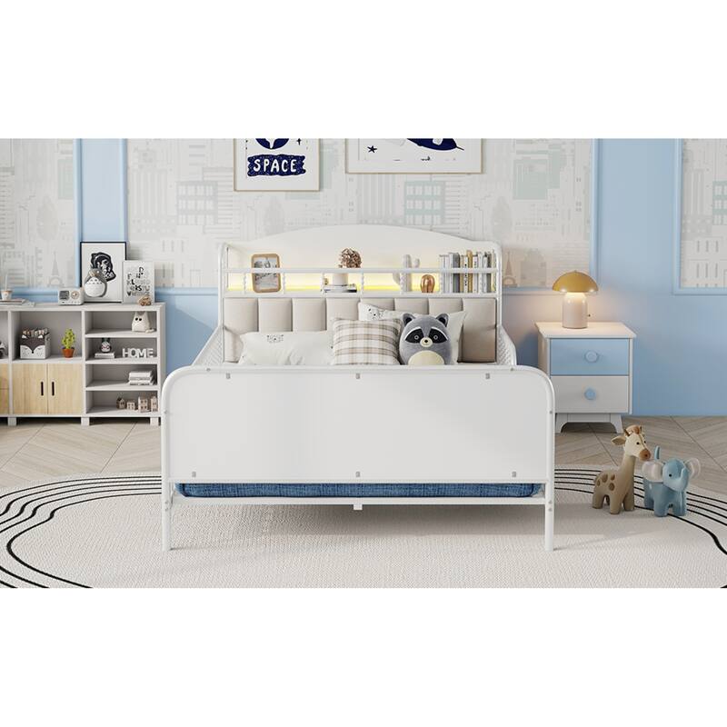 Roomfitters Twin/Full Metal Platform Bed, LED Storage Headboard and Guardrails with Metal Frame for Bedroom or Guest Room
