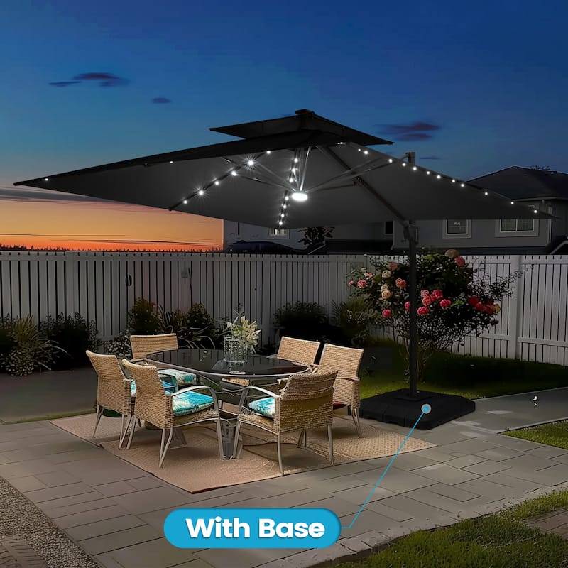 11 FT Outdoor Solar-Powered LED Light Aluminum Double Top Patio Cantilever Umbrella with Fillable Base