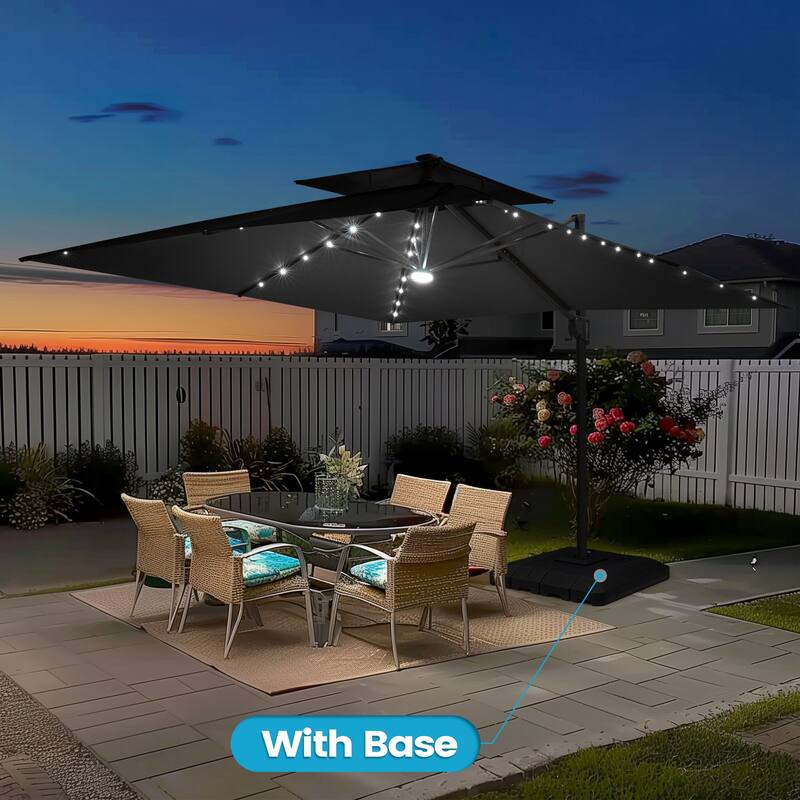 11FT Patio Cantilever Umbrella LED Lights Double Top Umbrella with 4-Piece Fillable Weighted Base