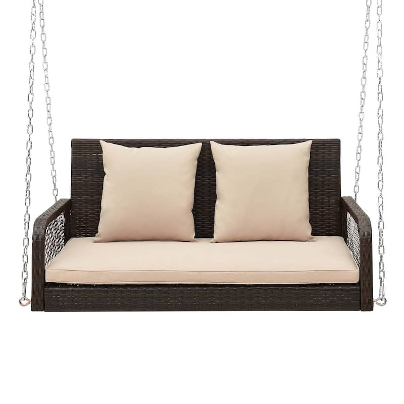 Patio Wicker Porch Swing 2-Person Hanging Loveseat Bench w/ Cushions - Brown