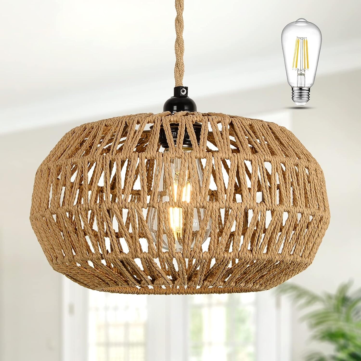 Farmhouse LED Rattan Pendant Lights Chandelier Light Fixture Rustic Wicker Hand Woven Rope Cage Basket Pendant Hanging Bed Bath Beyond 41033517