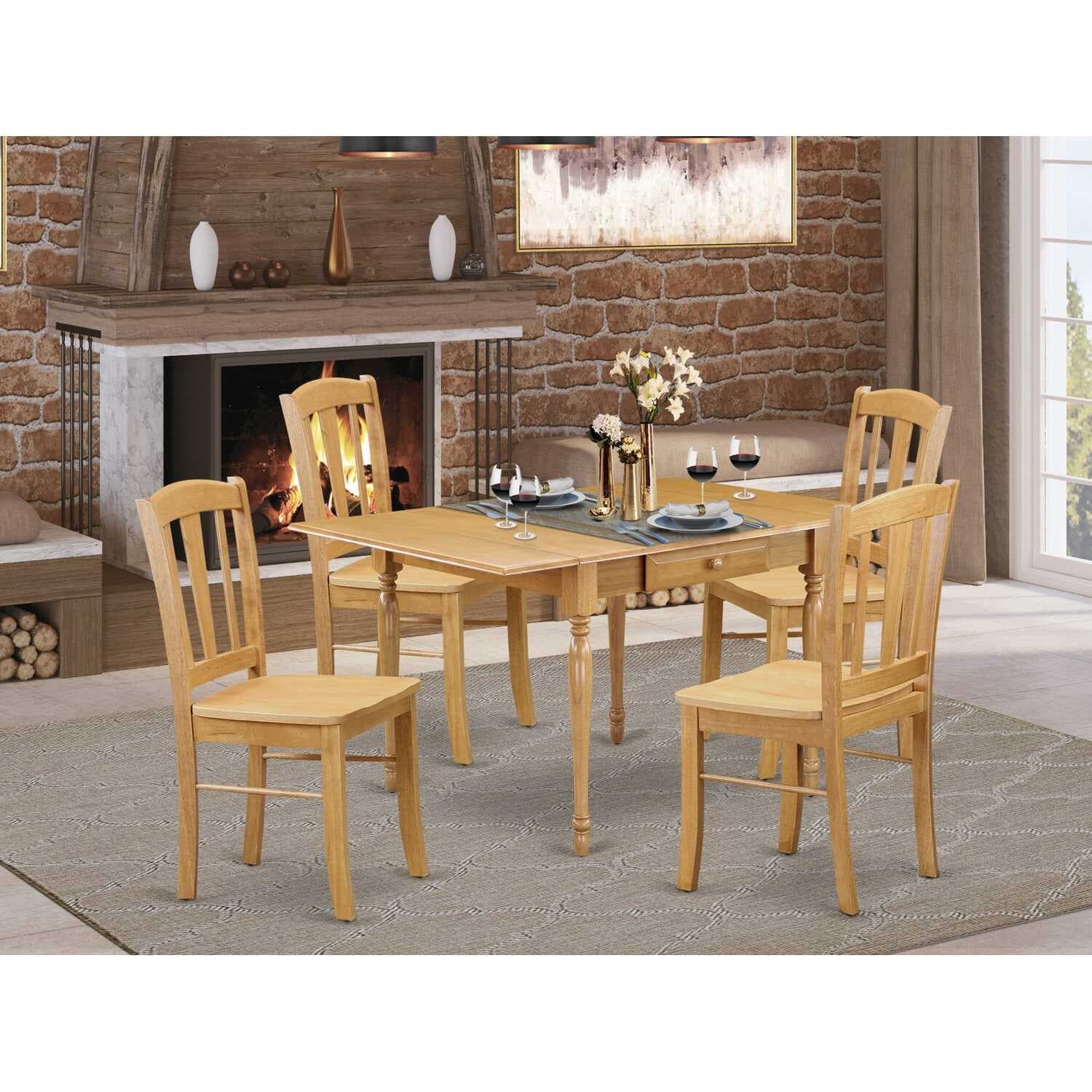 HomeStock 5-Pc Natural Oak Finish Solid Wood Top - Dining Room Set with Dropleaf - Seats 4