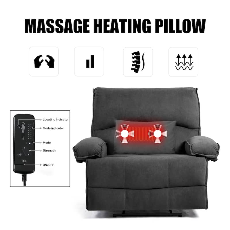 Grey Extra-Wide Push-Back Recliner with Heated Massage Pillow, Soft Fleece Fabric Upholstery