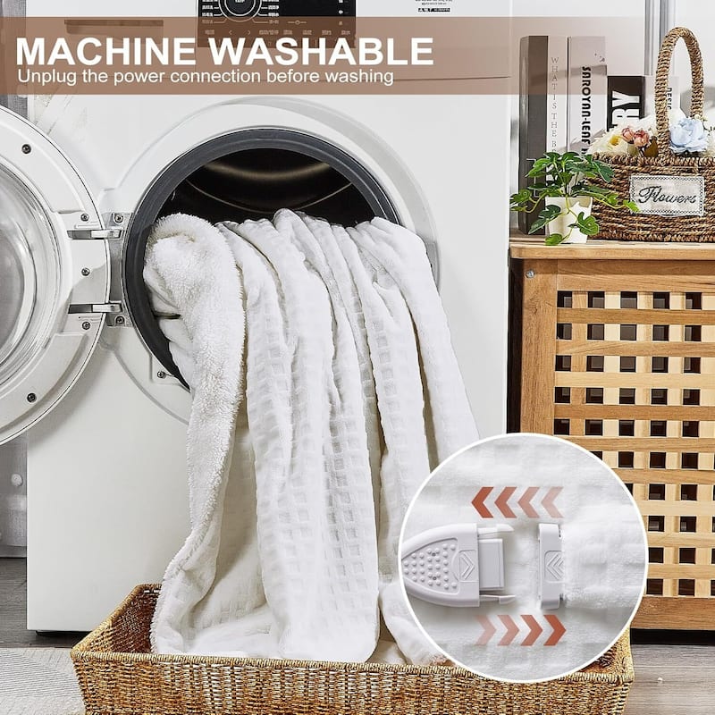 Waffle Soft Flannel & Sherpa Heated Throw Electric Blanket, White