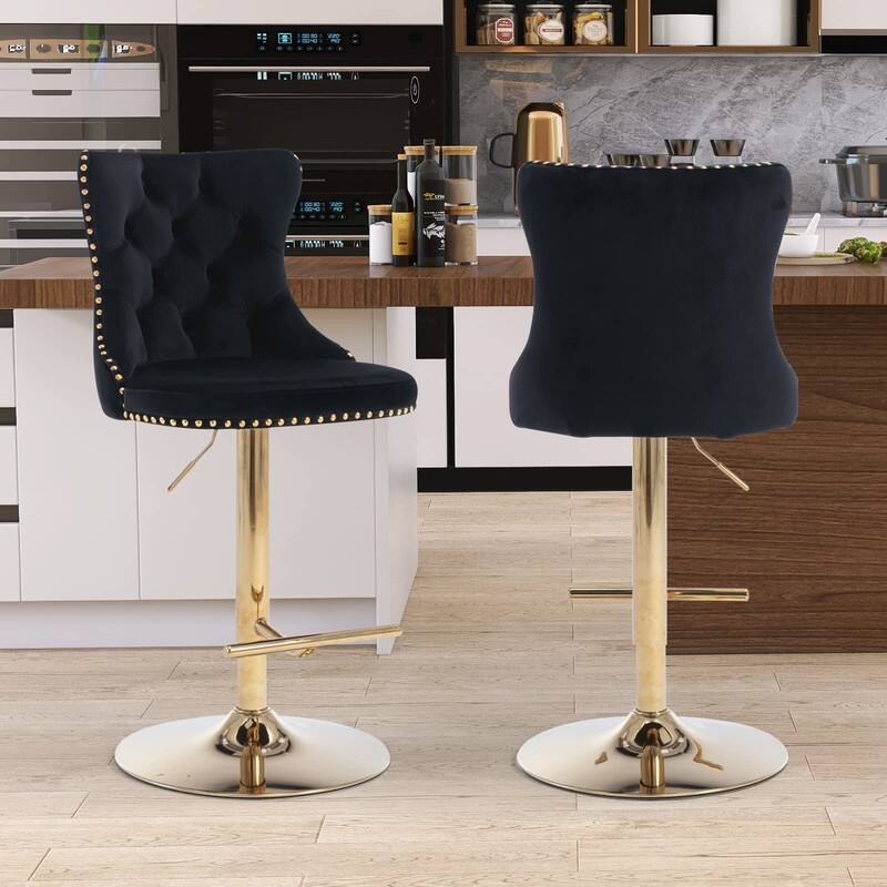 Velvet Upholstered Nailheads Tufted Swivel Bar Stools (Set of 2)