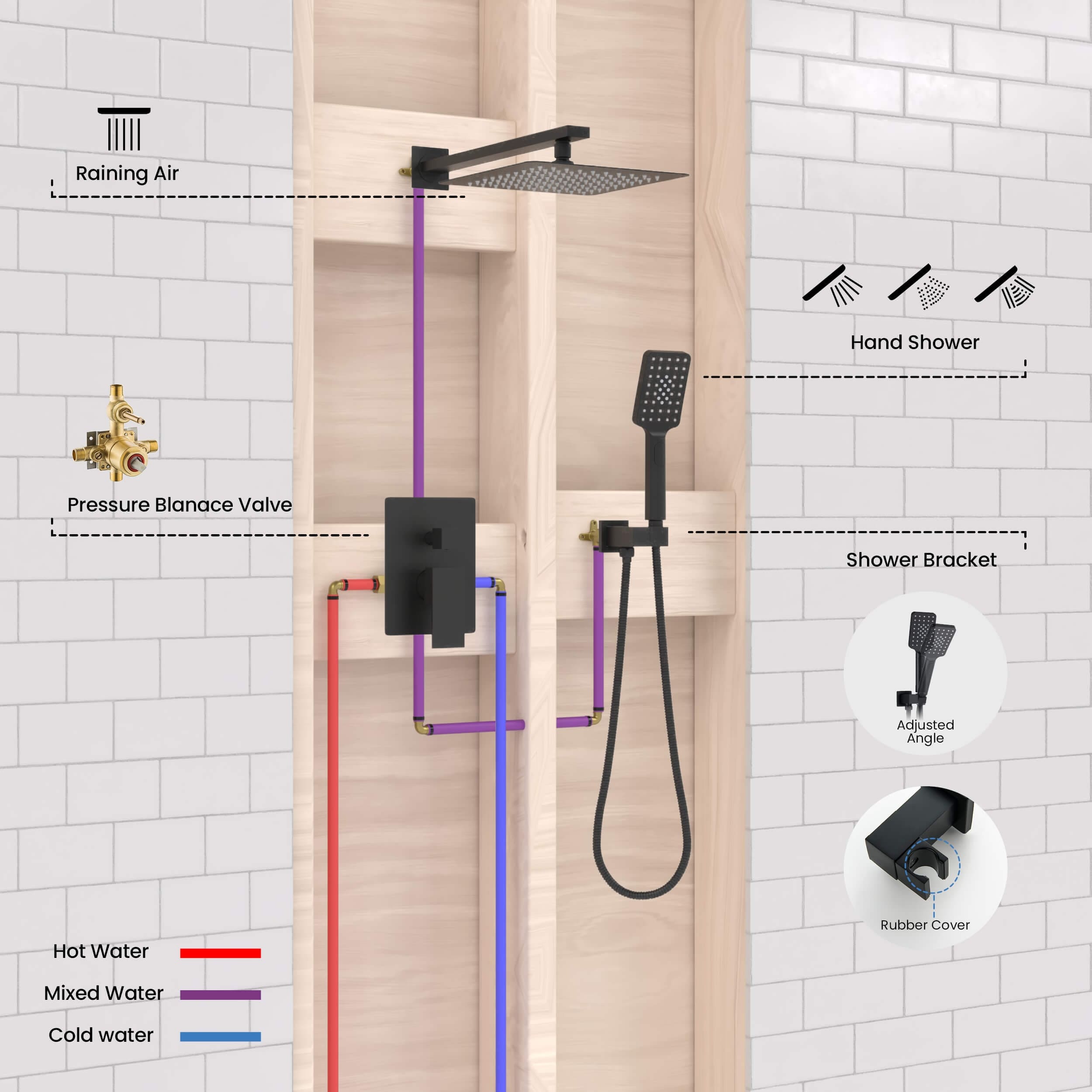 KIBI USA Cube Shower Column with Dual Function Shower Head Black Matte