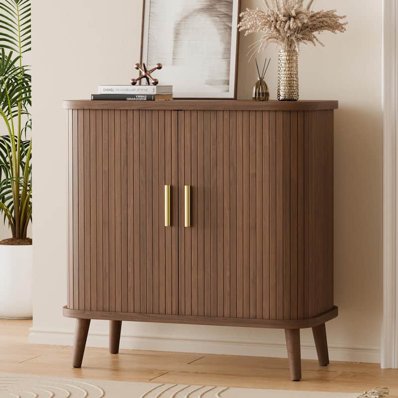 31" Sideboard Buffet Cabinet with 2 Sliding Tambour Doors and Adjustable Shelves - Walnut