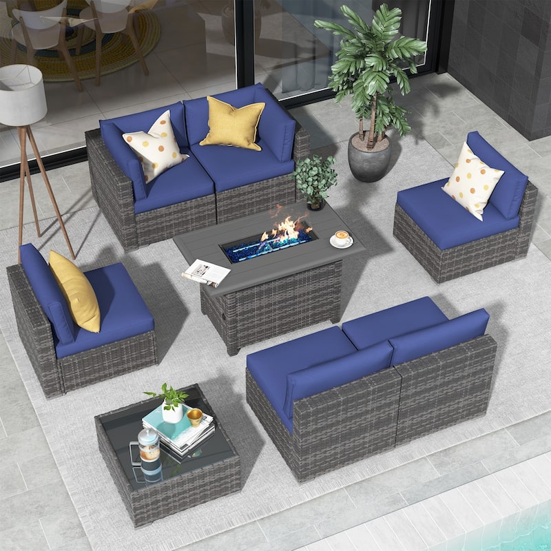 Outdoor 8 Pieces Sectional Wicker Sofa Set with Fire Pit - Navy