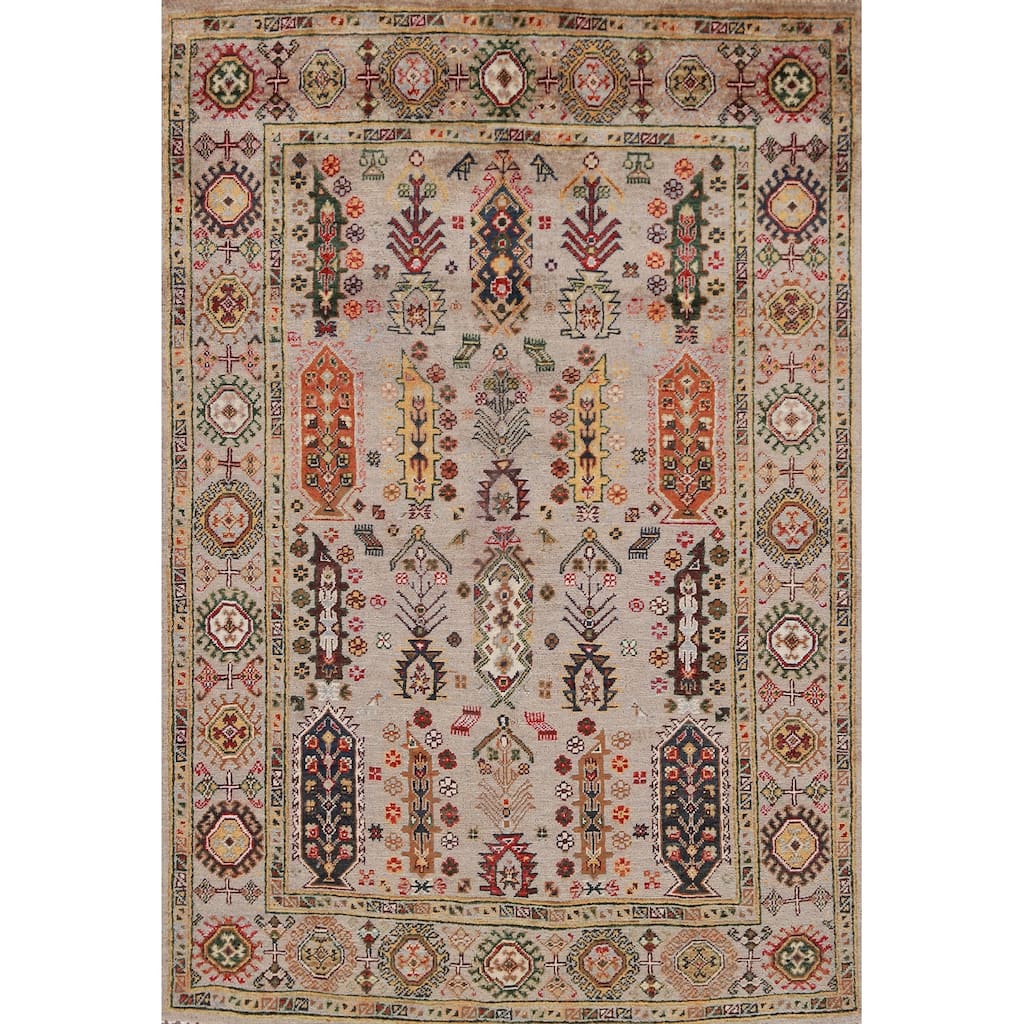 Hand Knotted Oriental 100% Wool Carpet Traditional Geometric Beige & Ivories Kazak Area Rug - 5' 8'' X 4' 0''