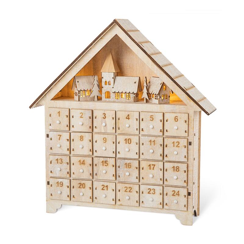 Glitzhome Christmas Wooden LED Farmhouse Countdown Advent Calendar with Drawer