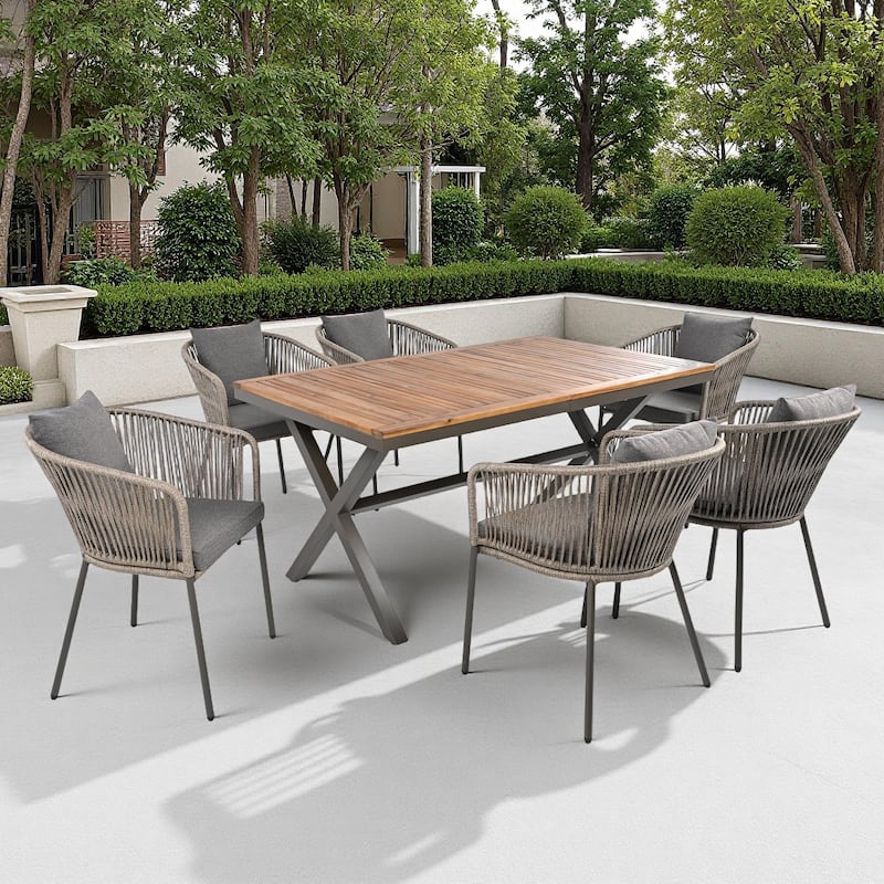7-Piece Outdoor Patio Metal Frame Dining Set with 6 Cushioned Chairs and Acacia Wood Tabletop - Grey