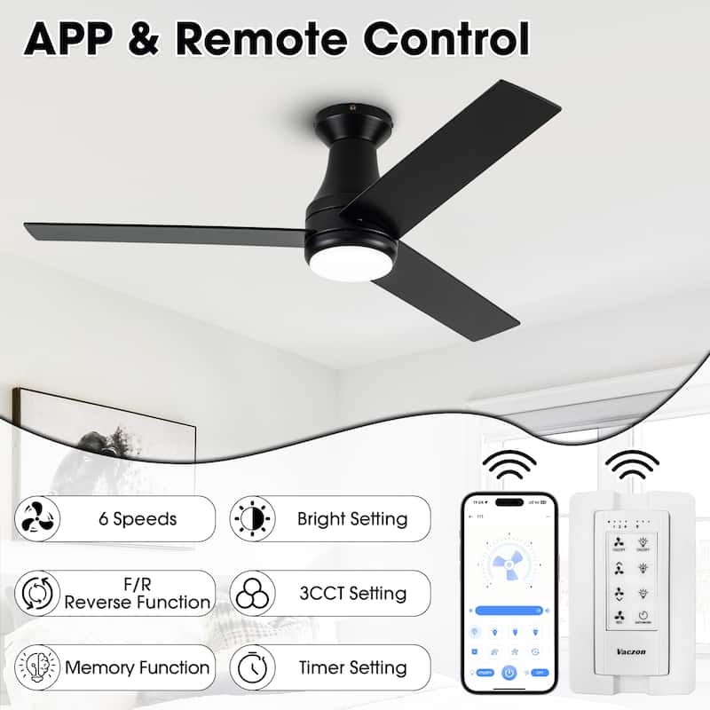 48" Industrial Black Indoor Hugger Ceiling Fan Flush Mount with Light and App Control